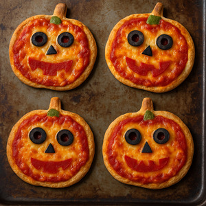 Gesunde Halloween Mini-Kürbis-Pizzen aus Vollkornteig mit Tomatensoße, Käse und Gemüse, dekoriert als gruselige Kürbisgesichter.