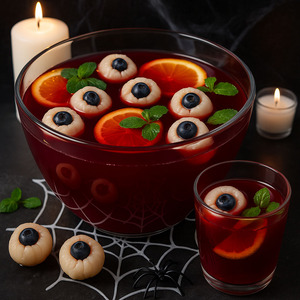 Halloween-Bowle aus rotem Saft mit schwimmenden Lychee-Heidelbeer-Augen, Orangenscheiben und Minze.