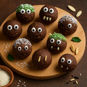 Energy Balls aus Datteln, Haferflocken und Nüssen, zu Halloween als süße Monster dekoriert mit Kokosraspeln und essbaren Zuckeraugen.