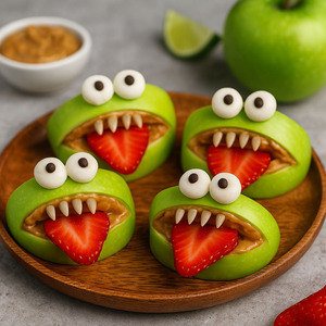 Halloween-Snack: Grüne Apfelgebisse mit Erdnussbutter, Erdbeeren als Zunge und Sonnenblumenkernen als Zähne.
