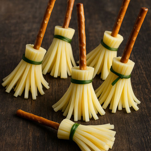 Halloween-Party-Snack: Käse-Hexenbesen aus Salzstangen, Käsefransen und Schnittlauch als Band.