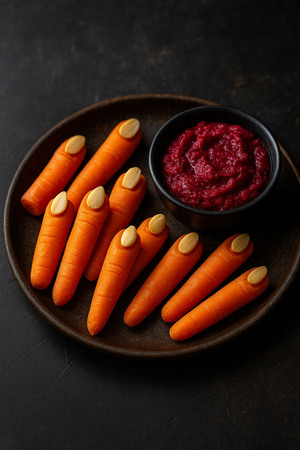 Grusel-Snack: Abgehackte Möhren-Finger mit Mandelsplittern als Fingernägel, serviert mit rotem Rote-Bete-Dip.
