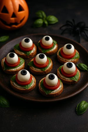 Gesunder Halloween-Snack: Caprese-Bruschetta als essbare Augäpfel mit Baguette, Basilikum, Tomaten, Mozzarella und Oliven.
