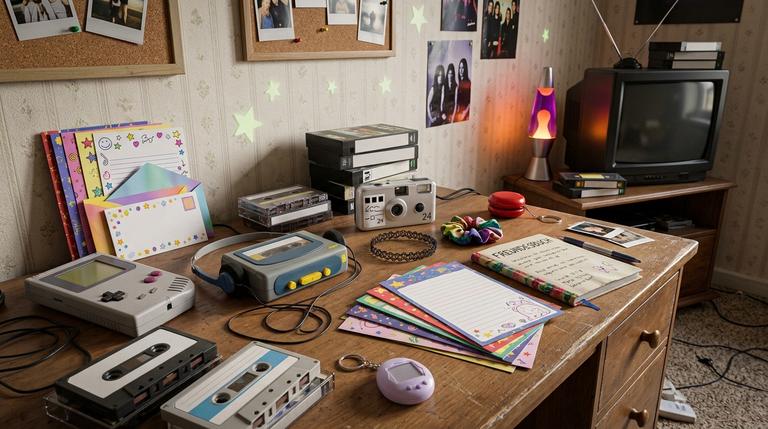 Typische Gegenstände aus einem 90er-Jahre-Jugendzimmer mit Handheld, Kassetten, VHS und Freundschaftsbuch