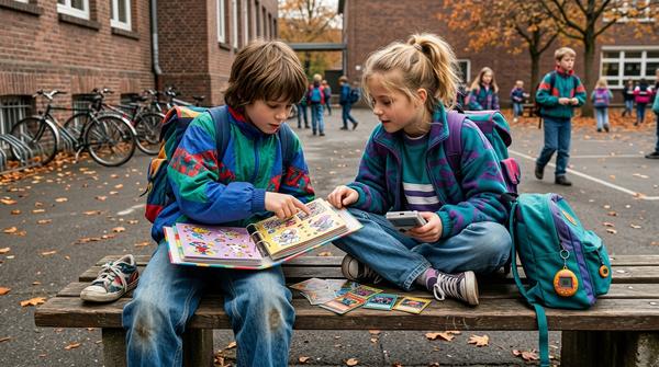 Zwei Schulkinder tauschen in den 90er-Jahren Sammelkarten und bunte Briefpapierblätter