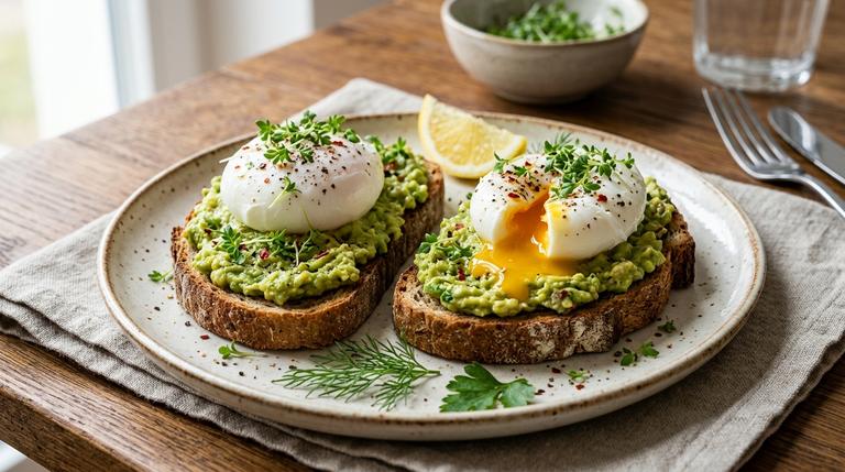 Zwei Scheiben Avocado-Toast mit pochiertem Ei, Kresse und Pfeffer