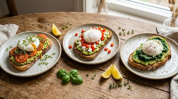 Avocado-Toast mit Tomate und Kresse, Feta und Paprika sowie Spinat