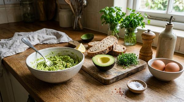 Avocadocreme mit Brot, Eiern, Zitrone, Kresse und Gewürzen