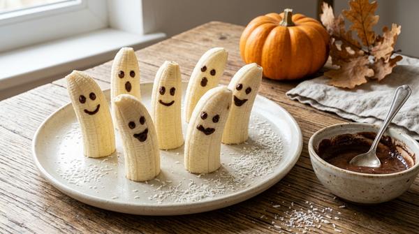 Halbierte Bananen mit kleinen Gesichtern aus Kakao und Joghurt als Halloween-Snack