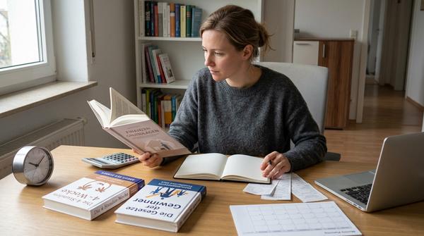 Drei Bücher zu Geld, Arbeit und Erfolg liegen neben Uhr, Unterlagen und Planung auf einem Schreibtisch