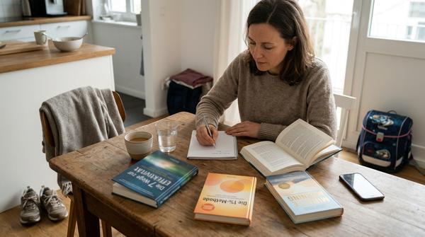 Drei Bücher zu Gewohnheiten und Prioritäten liegen in einer realistischen Morgenroutine auf dem Küchentisch