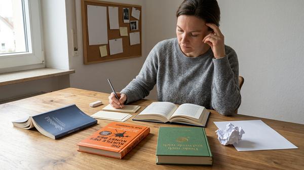 Drei Bücher zu Mindset und Erfolg liegen auf einem Schreibtisch mit Notizkarten und überarbeiteten Gedanken