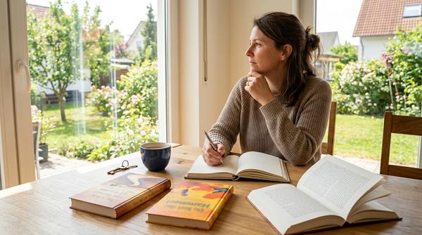 Person liest und reflektiert mit drei Büchern zu Sinnfragen, Mut und persönlichen Prioritäten