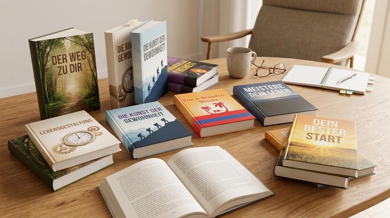 Mehrere Bücher zu persönlicher Entwicklung, Gewohnheiten, Erfolg und Selbstreflexion auf einem Holztisch in einer ruhigen Leseecke