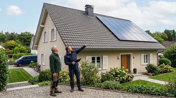 Eigentümer und Solartechniker prüfen eine große Dachfläche für eine Photovoltaikanlage