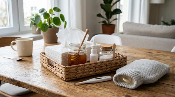 Praktische Erkältungsbox mit Thermometer, Taschentüchern, Honig und Kochsalzspray