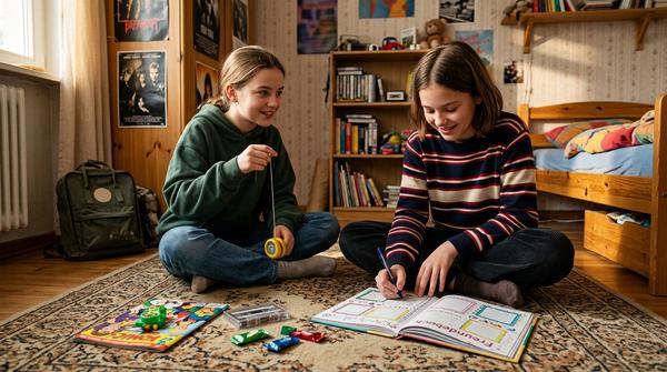 Zwei Kinder füllen ein Freundschaftsbuch aus und spielen mit einem Jo-Jo