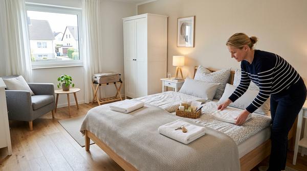 Vorbereitetes Gästezimmer mit frischer Bettwäsche, Handtüchern und kleinem Sitzbereich