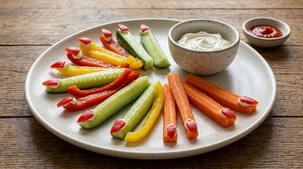 Gurken-, Paprika- und Karottenstücke mit roten Paprikastücken als Halloween-Finger