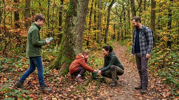 Familie mit Schulkind und Teenager sucht einen Geocache im herbstlichen Wald