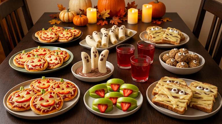 Halloween-Buffet mit Mini-Pizzen, Bananen-Gespenstern, Gelee, Monster-Bällchen und Mumien-Toasts