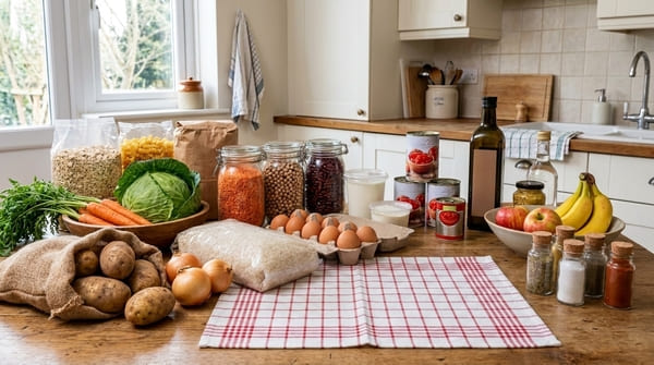 Haferflocken, Reis, Kartoffeln, Linsen, Eier, Gemüse und weitere günstige Basis-Lebensmittel
