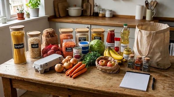 Günstiger Wocheneinkauf für eine Person mit Kartoffeln, Reis, Linsen, Gemüse, Eiern und Obst