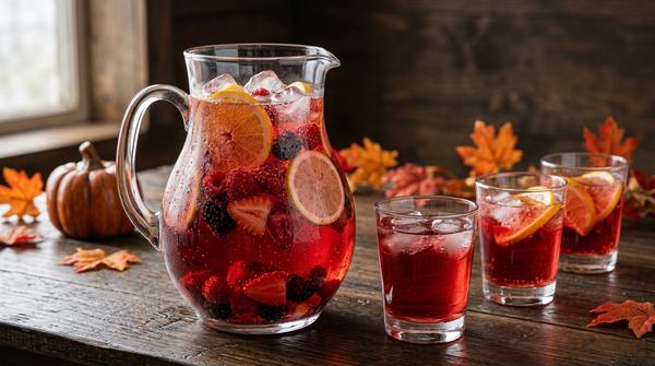 Rote Halloween-Bowle mit Wasser, Direktsaft, Orangenscheiben und geschnittenen Beeren