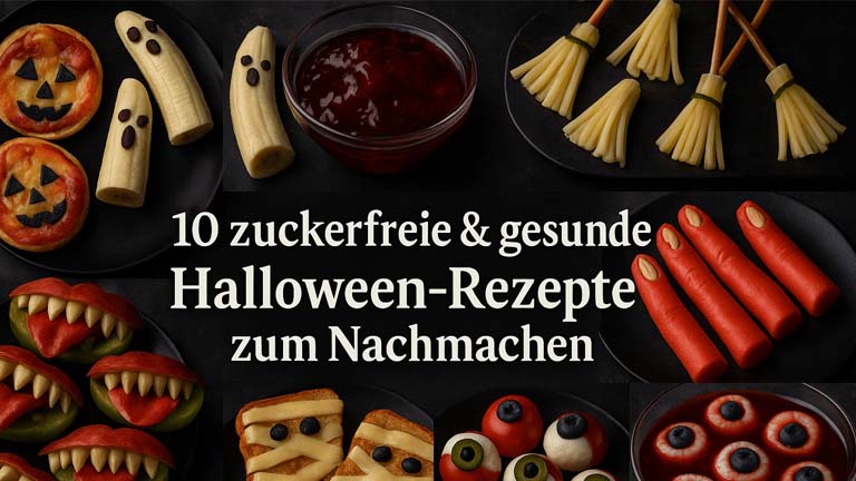 10 zuckerfreie und gesunde Halloween-Rezepte zum Nachmachen – Collage mit gruseligen Snacks wie Mini-Kürbis-Pizza, Bananen-Geister, Gemüse-Finger und Halloween-Bowle.