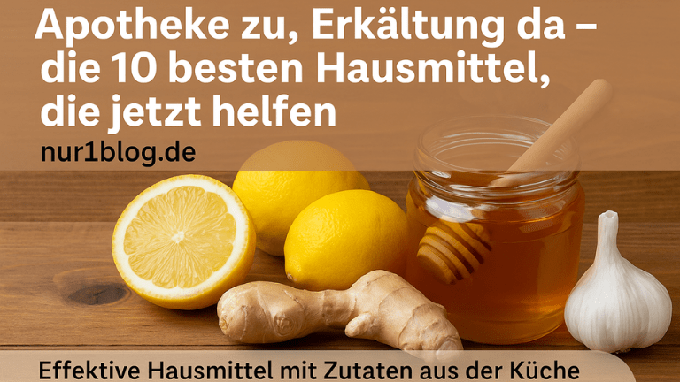 Hausmittel gegen Erkältung – Zitronen, Honig, Knoblauch und Ingwer auf Holztisch