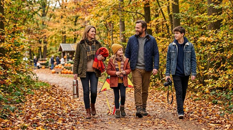 Familie mit Schulkind und Teenager bei einem gemeinsamen Herbstnachmittag im Park