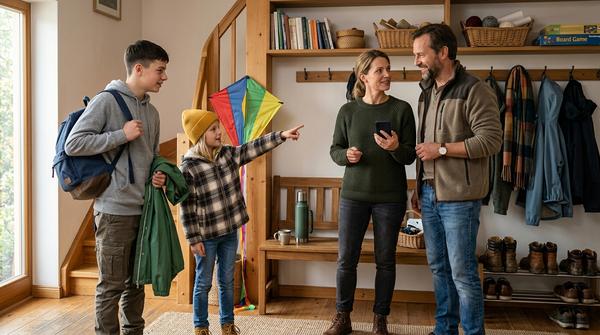 Familie überlegt gemeinsam, welche Herbstaktivität an diesem Tag gut passt