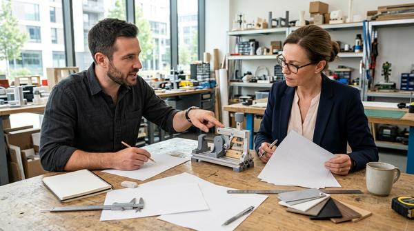 Erfinder und Geschäftspartner besprechen einen Prototyp mit Skizzen und Vertragsunterlagen