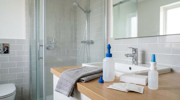 Kochsalzspray, Nasendusche und Handtuch in einem Badezimmer