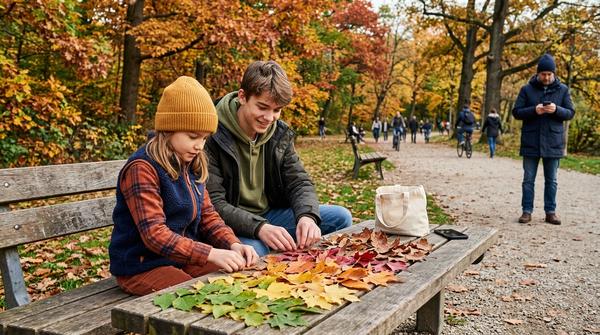 Schulkind und Teenager sortieren gesammelte Herbstblätter nach Farben