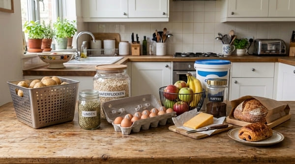 Günstige Grundzutaten mit Kaffee, Brot, Käse und einem kleinen Dessert als bewusste Extras