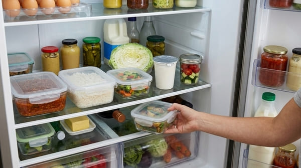 Vorgekochte Reste und angebrochene Lebensmittel stehen sichtbar vorne im Kühlschrank