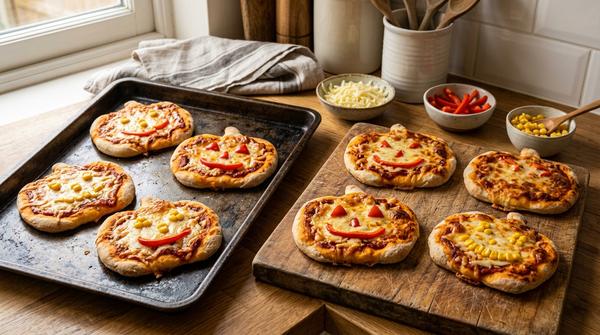 Kleine Kürbis-Pizzen mit Käse, Paprika und Mais als herzhafter Halloween-Snack