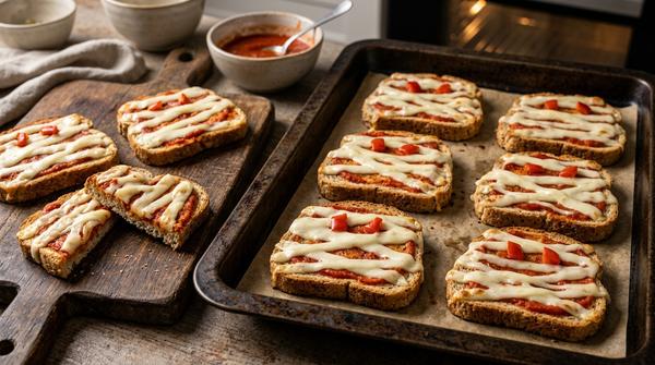 Kleine Toasts mit Tomatensoße und geschmolzenen Käsestreifen in Mumienform