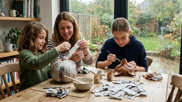 Schulkind und Teenager gestalten gemeinsam herbstliche Pappmaché-Figuren