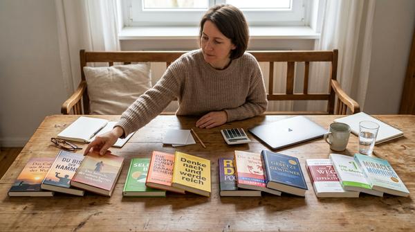 Person wählt zwischen thematisch gruppierten Büchern zu Selbstreflexion, Mindset, Geld und Gewohnheiten
