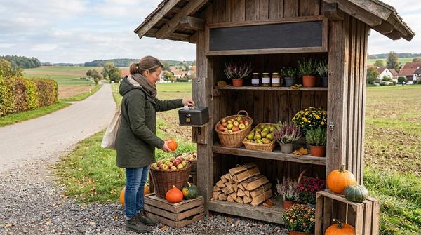 Kleiner Selbstbedienungsstand mit Blumen, Kürbissen, Äpfeln und abschließbarer Geldkassette