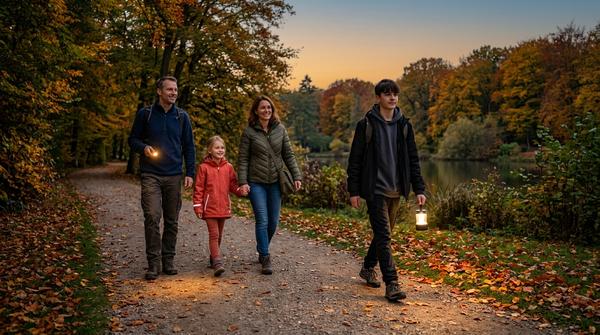 Familie mit Schulkind und Teenager bei einer sicheren Dämmerungswanderung mit Laterne