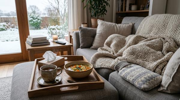 Suppe, Wärmflasche, Decke und Tee in einer gemütlichen Erkältungsszene