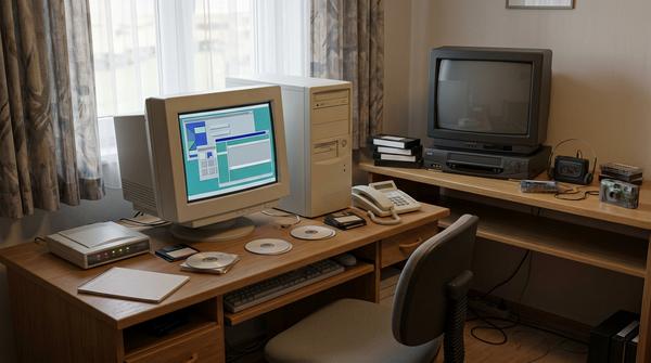 90er-Jahre-Technikecke mit Röhrenmonitor, Modem, Telefon, VHS und Kassetten