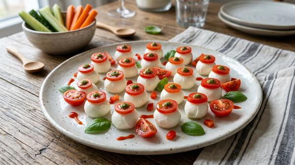 Mozzarella mit geschnittenen Tomaten, Paprika und Basilikum als Halloween-Augäpfel