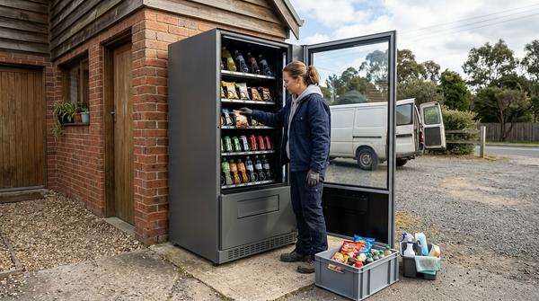 Betreiber befüllt einen Verkaufsautomaten mit Getränken, Snacks und regionalen Produkten
