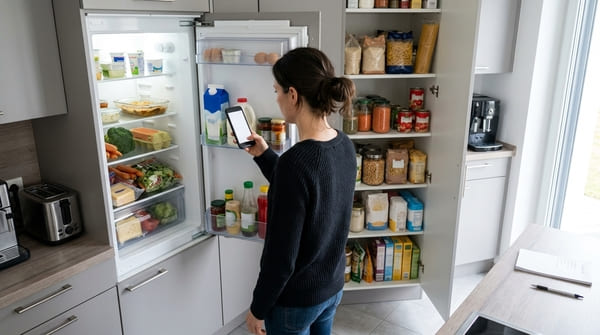 Person kontrolliert Kühlschrank und Vorratsschrank vor der Planung des Lebensmitteleinkaufs