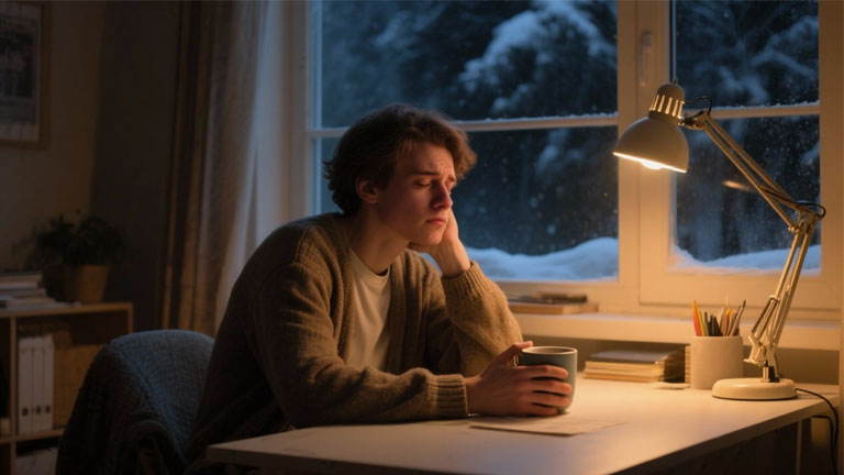 Frau sitzt morgens müde am Schreibtisch, draußen Winterdunkelheit, warmes Licht innen