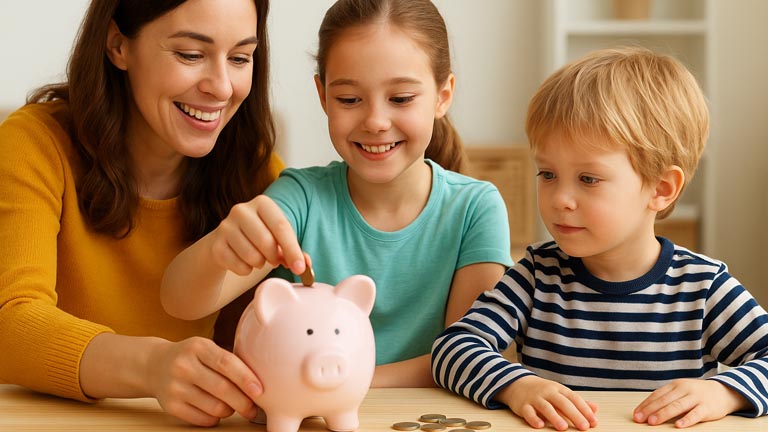 Mutter und Kinder sparen Geld mit einer Spardose – Clever sparen mit Kindern